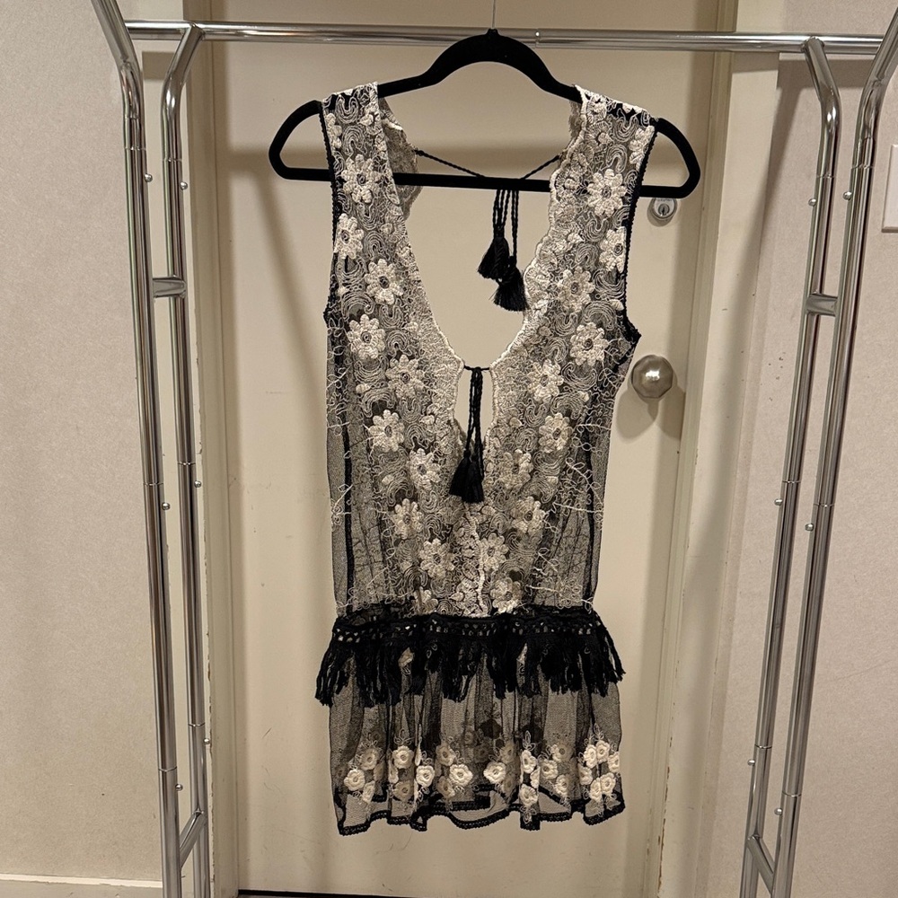 Black and White Lace Cover-Up with Tassels